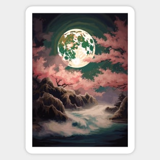 Moon Cherry Blossom Waves Japanese Landscape Vintage Art Sticker